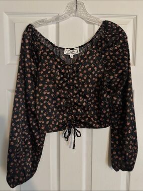 Silky Black Floral Ruched Drawstring Long-Sleeve Top